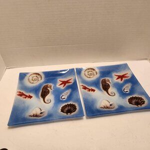 Set Of 2 Vintage Seashell Nautical Sea Ocean Beach ThemedDecorative Glass Plates